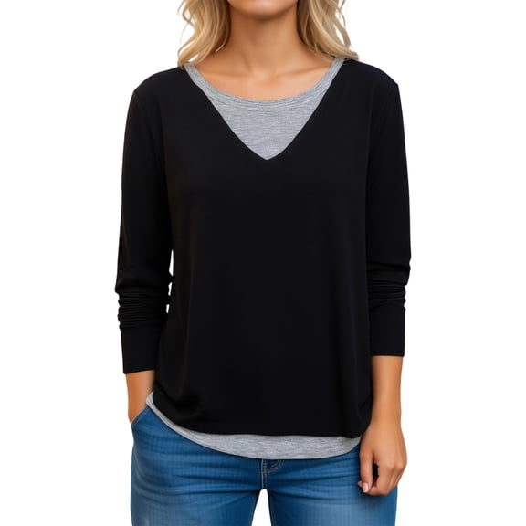 Public Plus Size Long Sleeve T Shirts for Womens Causal Layered Loose Fit Tops Trendy Two-Piece Tees Shirts Black XL