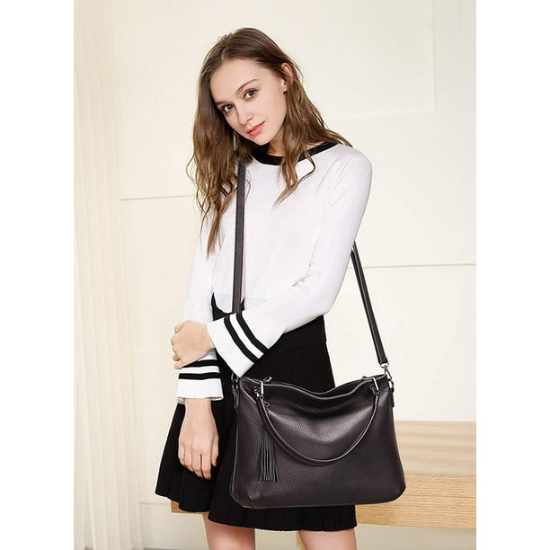 AIMTYD Soft Leather Handbags for Women Genuine Leather Shoulder Crossbody Bag Ladies Work Tote Bag with Tassel S202 Dark Coffee