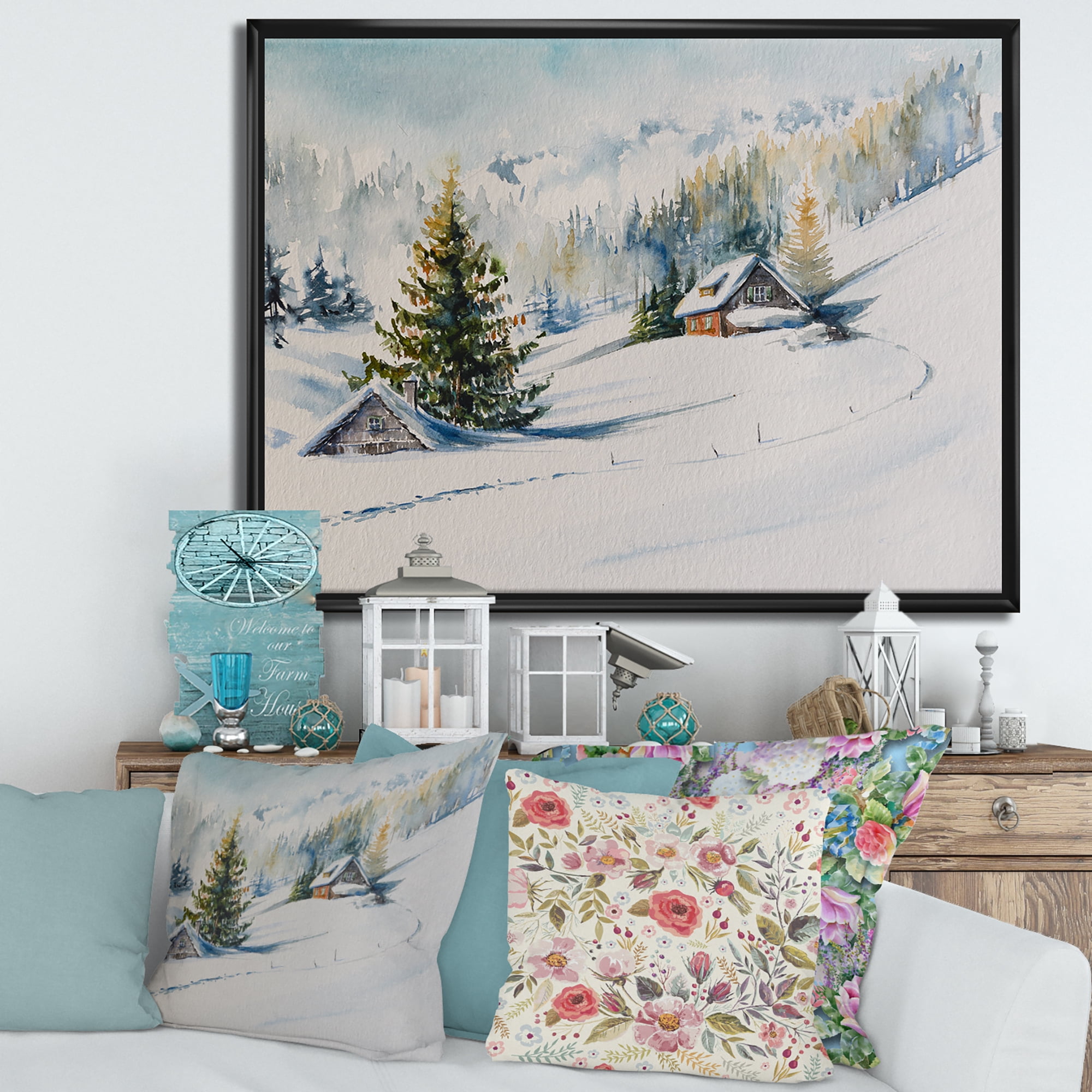 Designart 'The Winter Mountains With Little House' Traditional Framed Canvas Wall Art Print