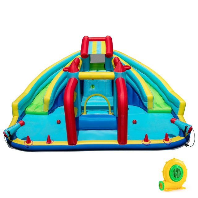 Patiojoy Inflatable Double Water Slide Park Giant Bouncy Castle w/ Obstacle Course 680W Blower Included