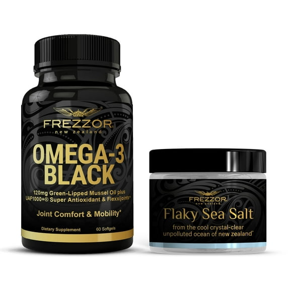 FREZZOR Omega 3 Black Green Lipped Mussel Oil, 53x Higher potency for Superior Joint Comfort & Mobility, No Fishy Aftertaste, 1 Bottle, 60 Softgels plus 1 jar of Flaky Sea Salt