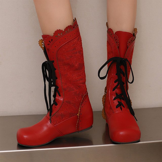 Fankiway Bottes Vintage à Lacets pour Femmes Mi-Mollet Brodées à Talon Compensé Caché Bottes d'Hiver Rouges