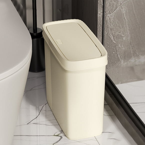 Pisexur Bathroom Trash Can With Lid Garbage Can With Press Lid Plastic Wastebasket With Popup Lid For Toilet Office Bedroom Living Room Beige,Free Size