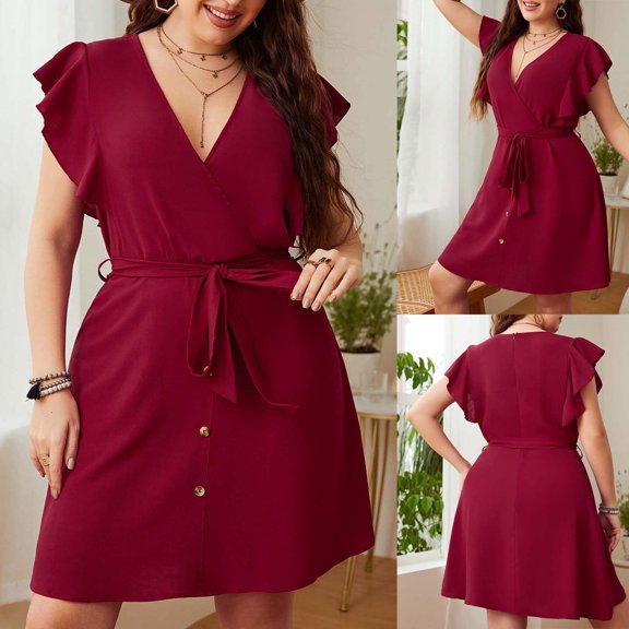 Black*Friday Deals Clearance GaThRRgYP Womens Summer Dresses Plus Size,Women's Casual Sexy Fashion Summer V Backless Neck Tie Ruffle Sleeves Loose Plus Size Dress
