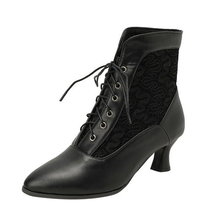 

Women Ankle Boots Autumn And Winter Fashion And Elegant Lace Hollow Pointed Toe Comfortable Front Lace Up