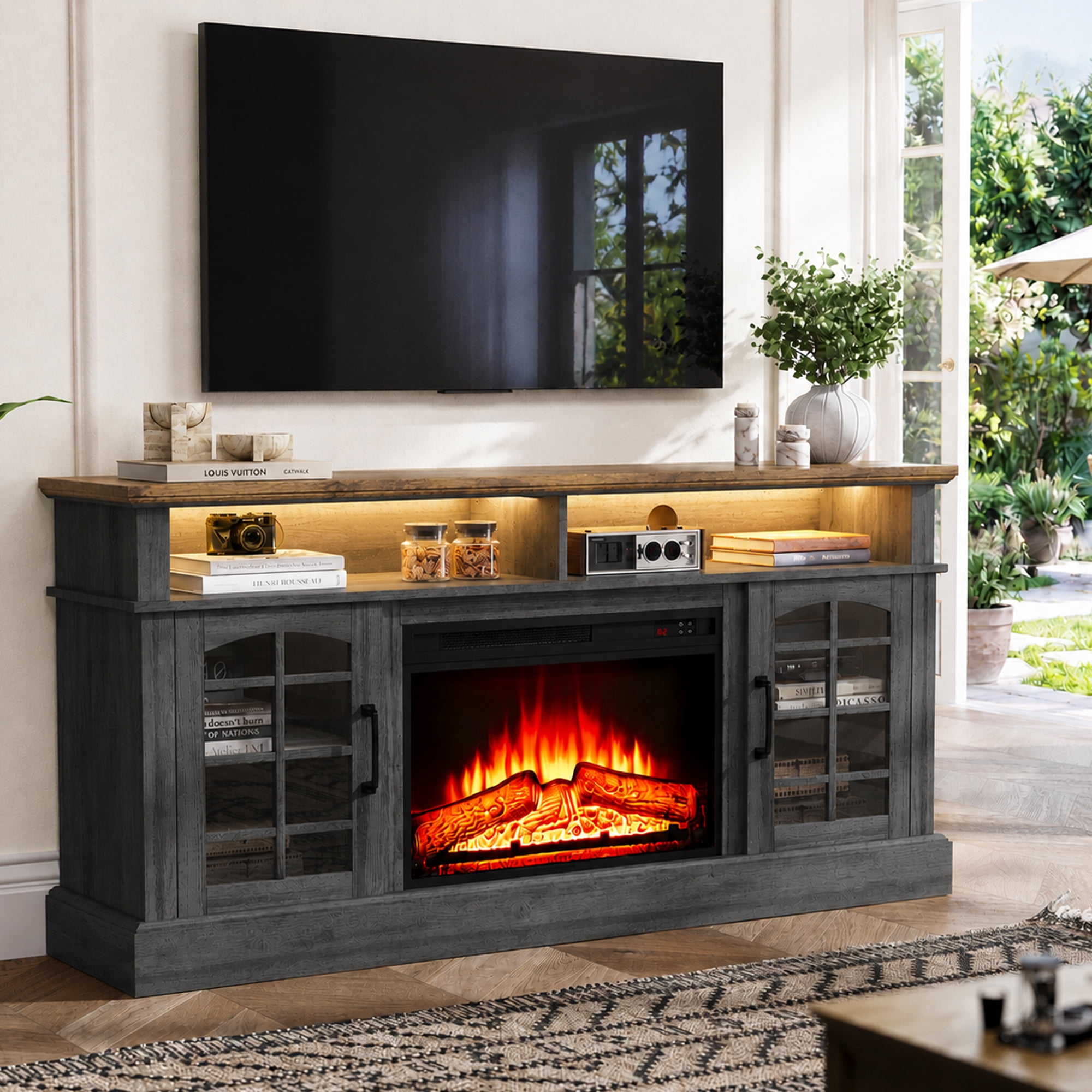 Paproos Fireplace TV Stand for 65 inch TV with LED Lights, 32.0in Tall TV Stand with 23'' Electric Fireplace, Entertainment Center for Living Room, 400 Sqt Heating Area, Brown Tabletop&Black Cabinet