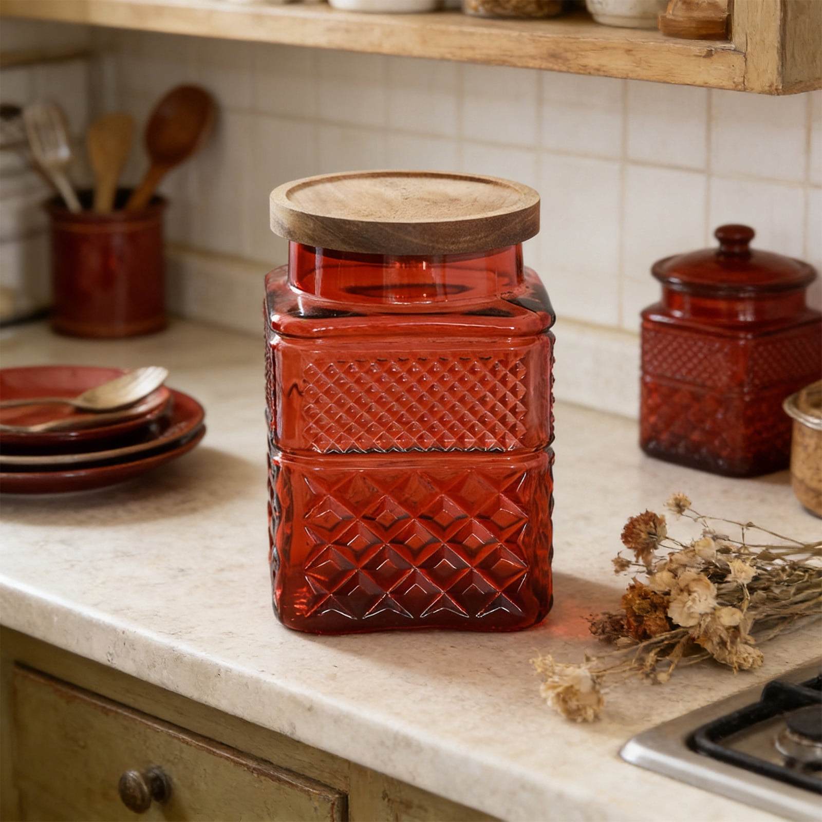 Relief Colored Glass Sealed Jar Kitchen Storage Container – High Borosilicate Food Grade Glass, Airtight Lid, 12.5x11.5x20 cm, Assorted Colors