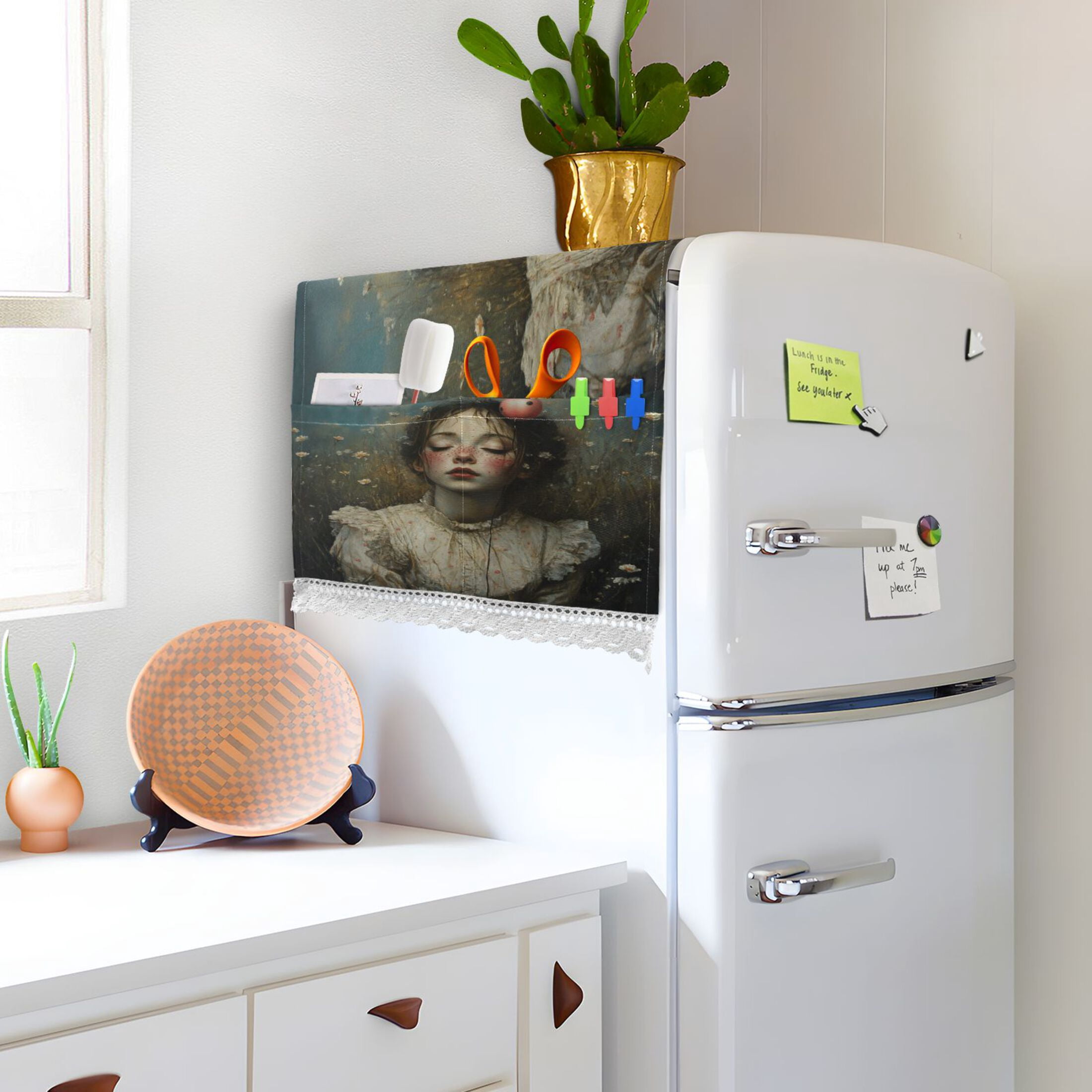 Beautiful GirlWasher and Dryer Covers Dust-Proof and Oil Resistant Fridge Cover with 4 Storage Pockets Washing Machine Top Cover for Laundry Kitchen Home 51.2 x 22 In