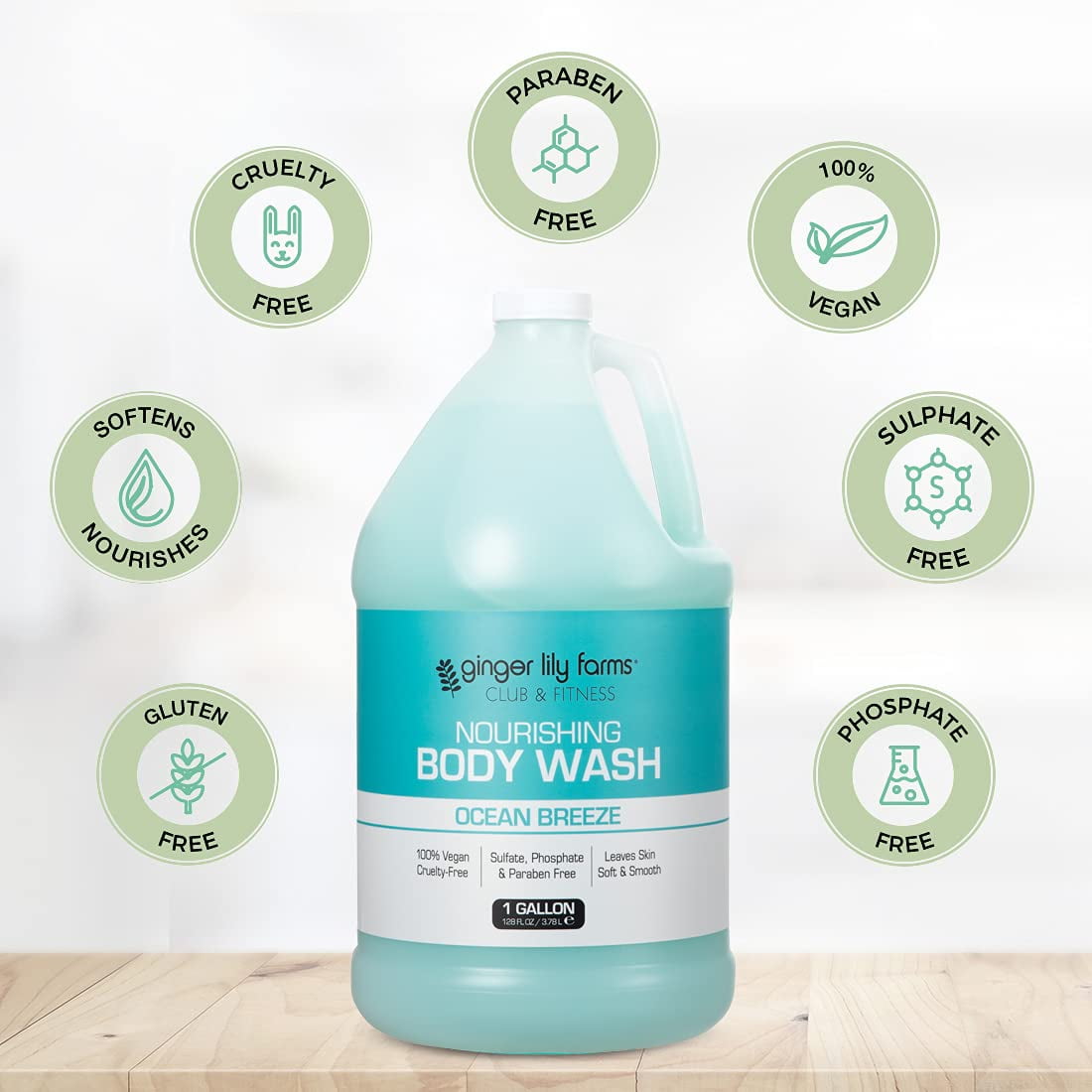 Ginger Lily Farms Club & Fitness Nourishing Body Wash, 100% Vegan & Cruelty-Free, Bath & Shower Gel, Ocean Breeze Scent, 1 Gallon (128 fl oz) Refill