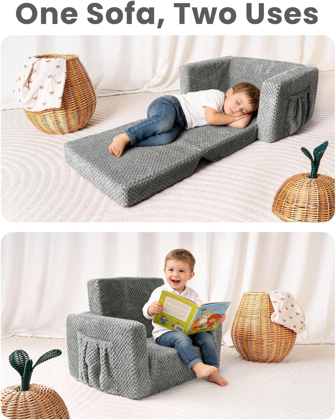 Foldable Toddler Couch with Soft  Cover, 2-in-1  Sofa & Lounger for Kids