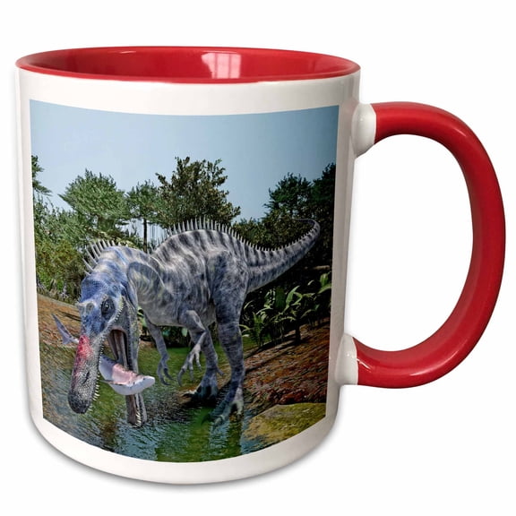 3drose, Suchomimus Feeding on a Shark in the Jungle, 15oz Two-tone Red Mug