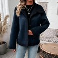 thumbnail image 6 of Sorvello Women's Single Breasted Sherpa Jacket Notch Lapel Fleece Lined Coat Button Front Winter Warm American Style Vintage Outerwear Top for Women Navy L, 6 of 7