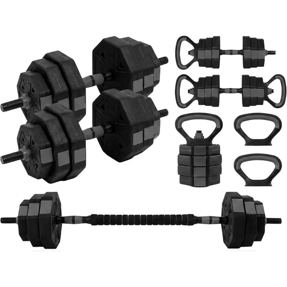 SQUATZ 45 lb Adjustable Dumbbell Set, 4-in-1 Home Gym Weight Set with Kettlebell, Barbell Connector & Push-Up Handles, Octagonal Weights for Strength Training