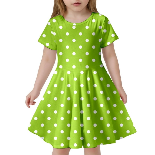 Robe pour Bébé Fille, Robe d'Été à Pois, Ajustée, Douce, Respirante, Manches Courtes, Décontractée, Verte 8 Ans-9 Ans