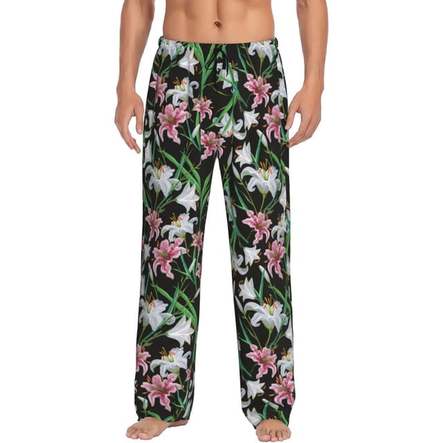 Fotbe Lilies Flowers Pantalones de Pijama para Hombre, Pantalones de Dormir, Pantalones de Casa con Cintura Ajustable y Bolsillos-Large