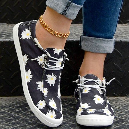 

Women‘s Daisy Print Canvas Shoes Low Top Lace Up Round Toe Casual Shoes Women‘s Comfy Flat Shoes