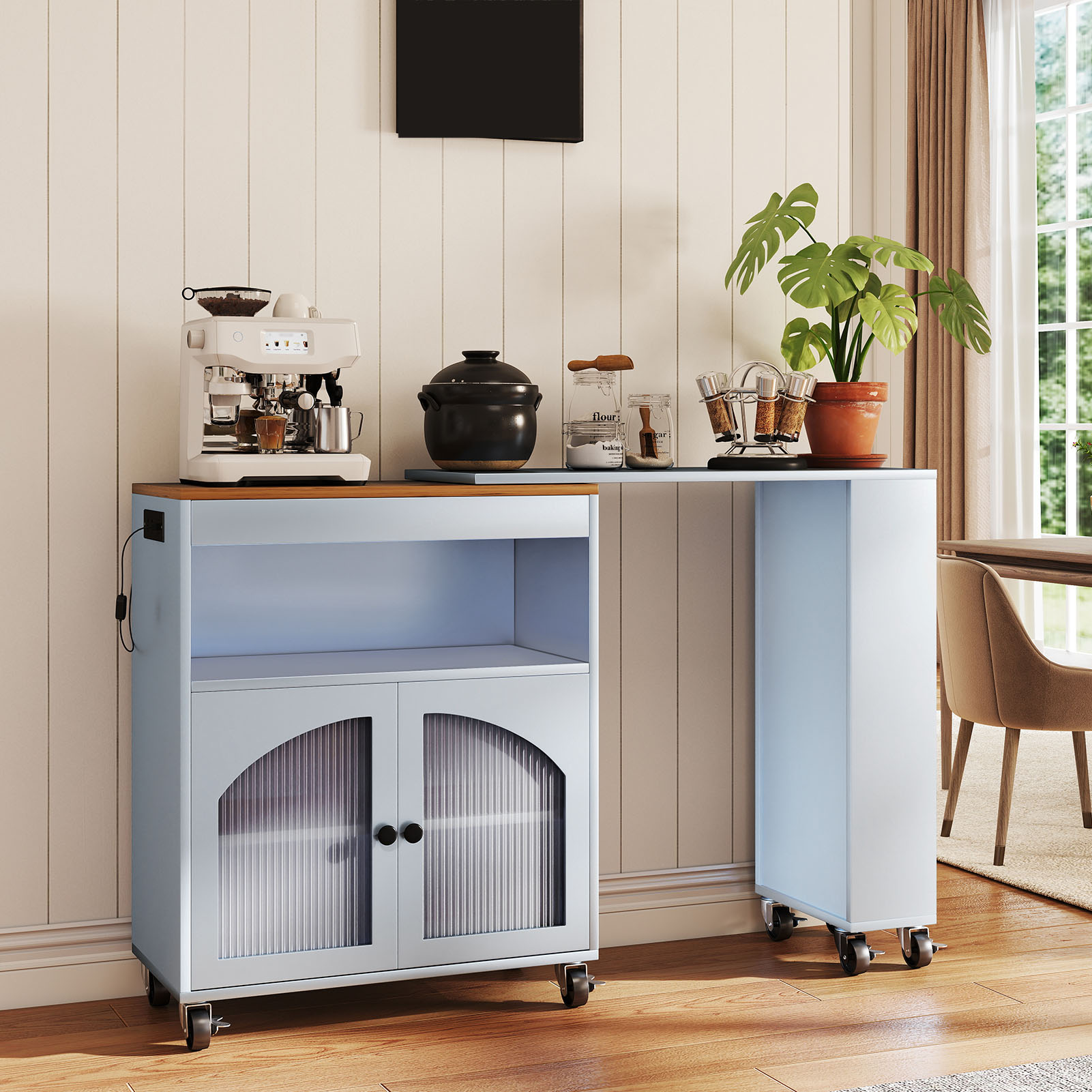 Kitchen Island, 2 Fluted Glass Doors MDF Lockable Wheels LED Light 2 USB Ports Kitchen Storage Cart  For Apartment