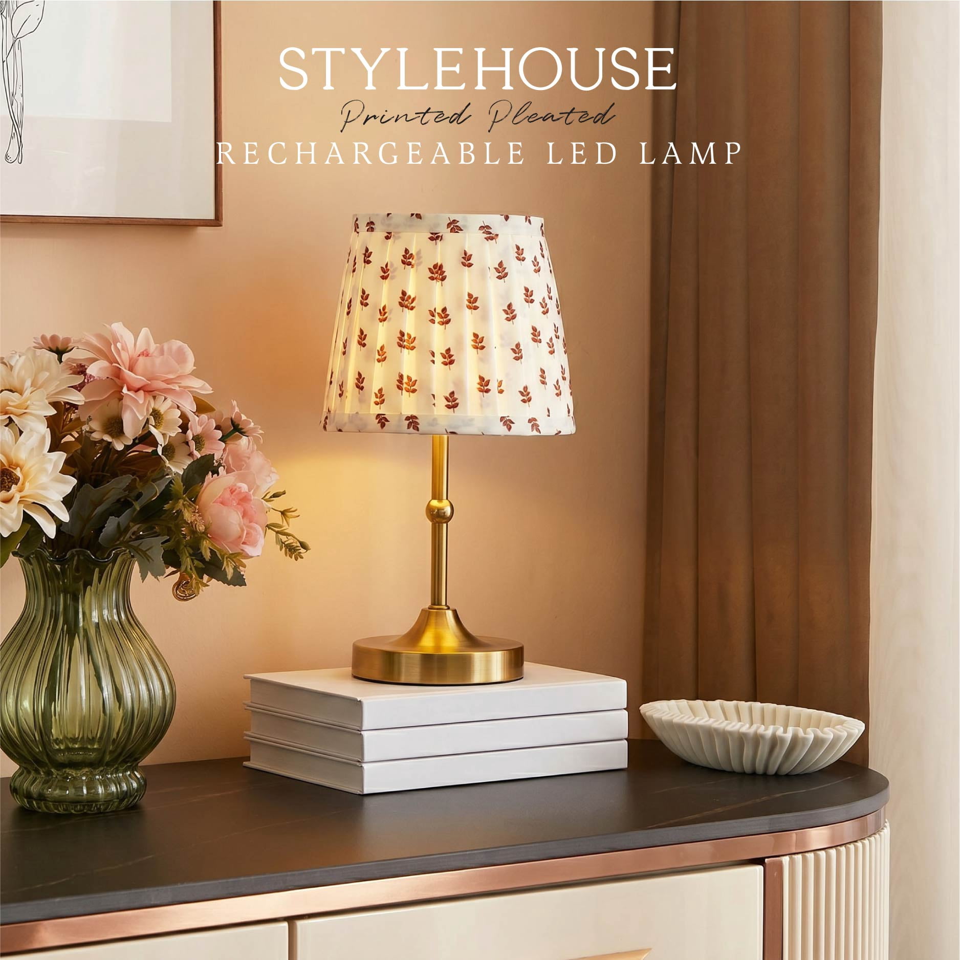 Stylehouse 13" Printed Pleated Rechargeable LED Lamp
