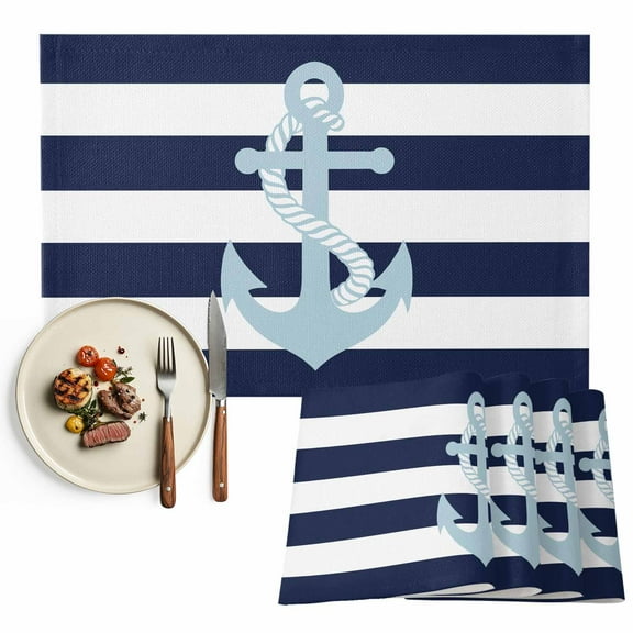 Placemats Set of 4, Teal Anchor Place Mats Navy Blue Stripes Tablemats Washable Placemat Table Decoration for Kitchen Table Dinner Party Home Decor Indoor Outdoor 13x19 Inch