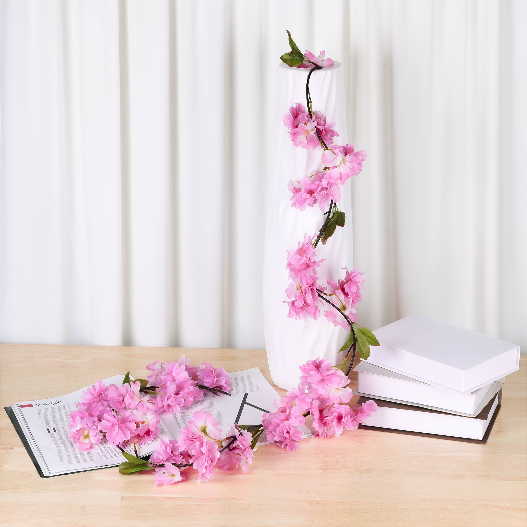 Unique Bargains 2pcs Home Artificial Cherry-Blossom Flower Vines Faux Vines Flowers Pink