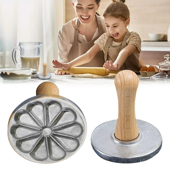 Clearance Biscuit Moulds under $5,Cookie Embossing Die Round Metal Cookie Cutter Mould With Wooden Handle Embossing Stamp Mould For Home DIY Baking