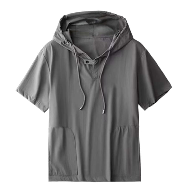 Hombres Pantalones Cortos Color Sólido Manga Corta Blusas Botón Cuello en V con Capucha Bolsillo Casual Top de Moda para Hombres