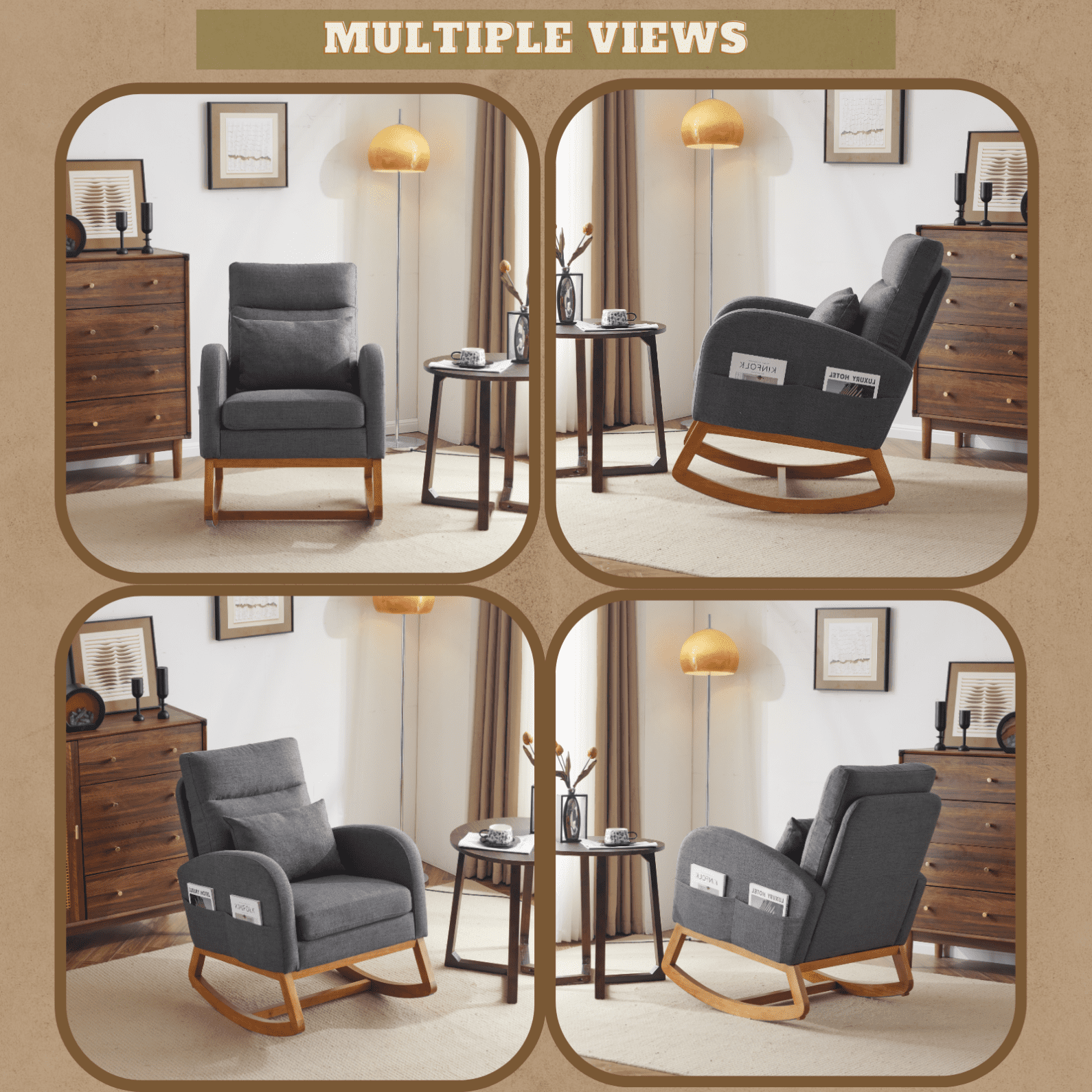 Rocking Chair Nursery with Thick Headrest, Upholstered Modern Nursing Rocker Glider with Curved Armrest, Sturdy Solid Wood Base for Living Room, Bedroom, Baby Room, Grey