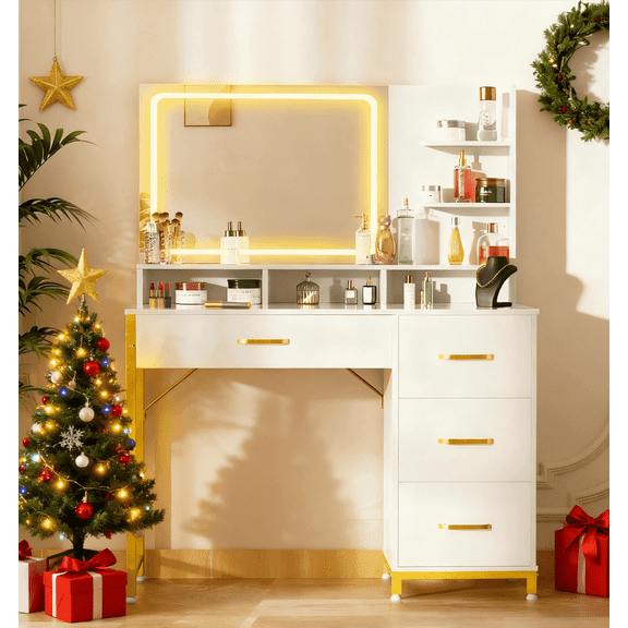 COMHOMA Vanity Desk with Large Mirror and Lights, Makeup Table with 4 Drawers & Storage Shelves for Bedroom, White