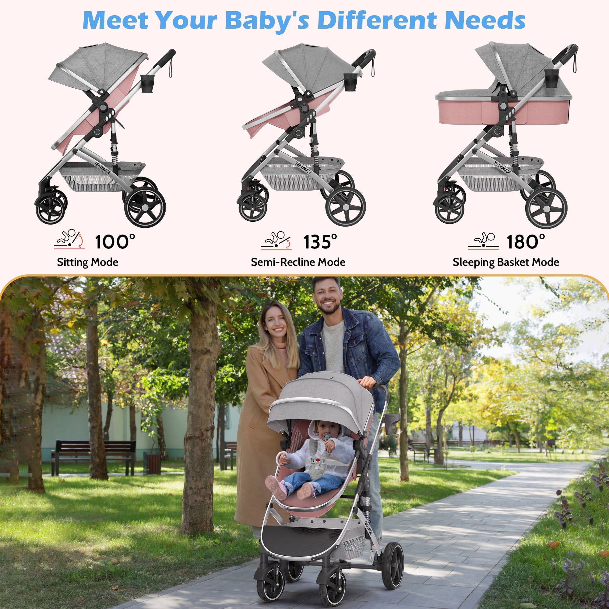babyeap 2 in 1 Baby Stroller, Foldable Lightweight Carriage Reversible Bassinet Pram for Toddler, Travel Stroller with Cup Holder, Storage Bag, Pink