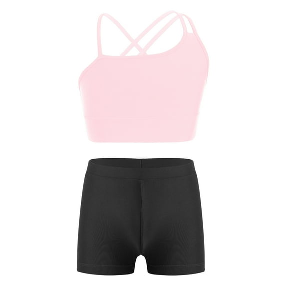 TiaoBug Kids Girls 2 Piece Dance Sport Outfits Gymnastics Dancewear Cami Crop Top with Booty Shorts Set Pink&Black 8