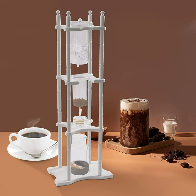 Miumaeov Ice Coffee Makers Cold Brew Machine Tea Maker Cold Brew Drip Tower  Iced Coffee Maker Glass Wooden Stand 25 Cups white