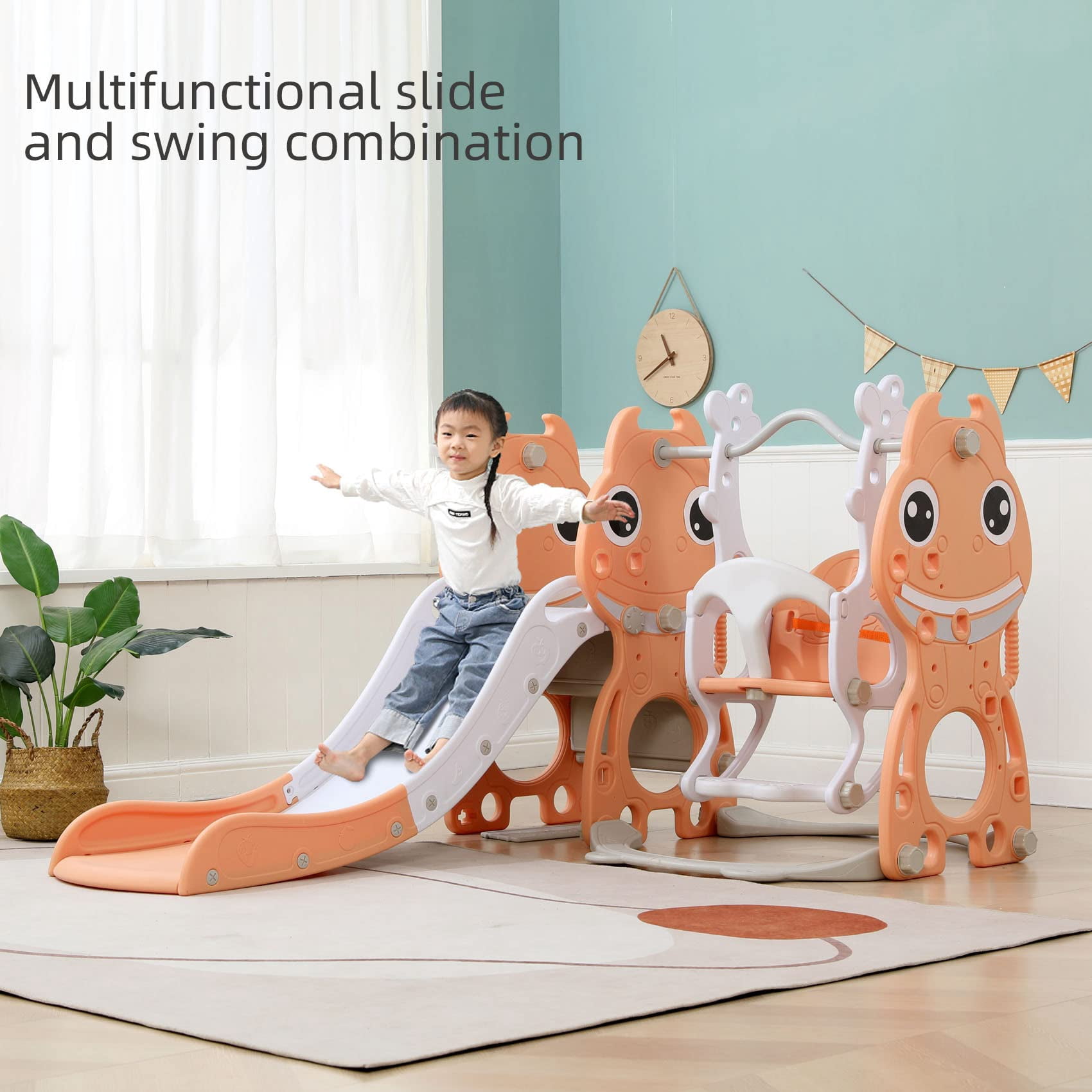 UNICOO® Toddler Slide and Swing Set, 4 in 1 Kids Indoor and Outdoor Playground Combination Climber/Slide/Swing/Basketball Hoop for Boys & Girls (4 in 1 - Light Orange)