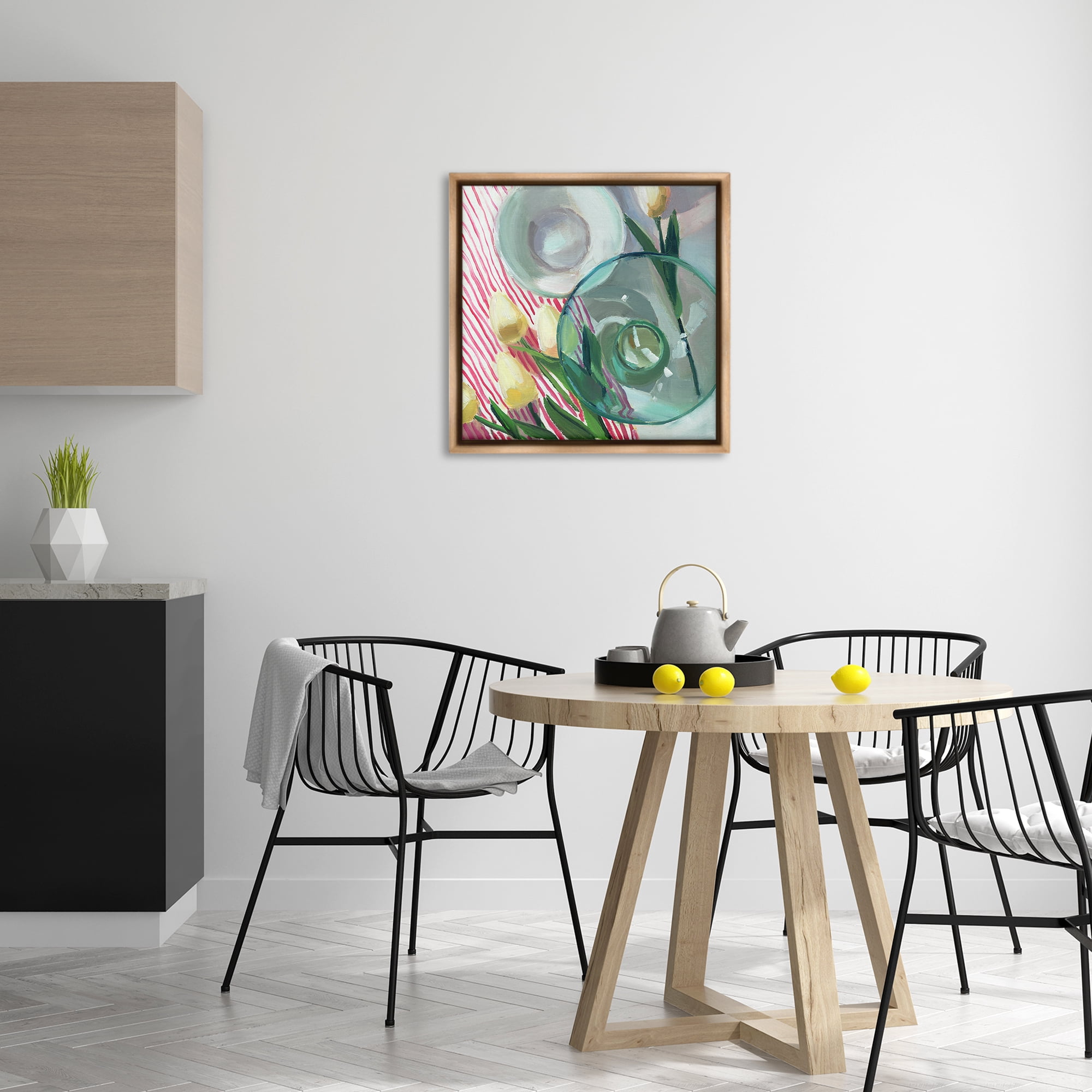 Stupell Industries Glasses & Tulips Still Life Plants & Flowers Painting Brown Floater Framed Canvas Art Print Wall Art, 25 x 25