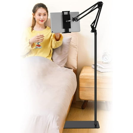 Adjustable 360-Degree Rotatable Tablet Stand for iPad iPhone X Pro 4.7-12.9 Inch Devices, Metal Floor Mount with Universal Clamp, Black