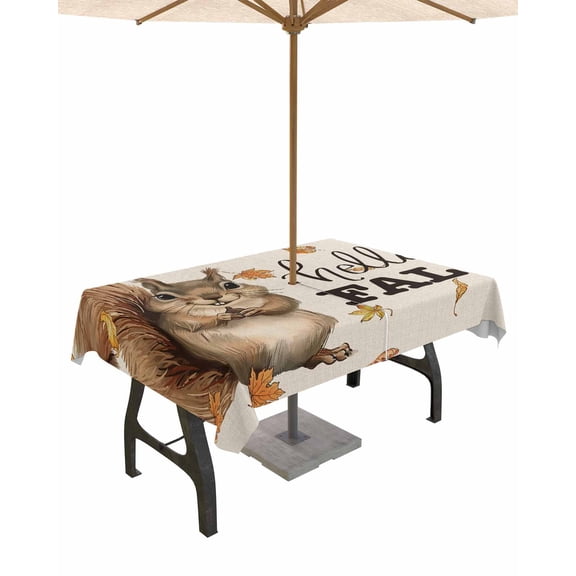 Fsddascl Squirrel Hello Fall Outdoor Tablecloth - 60x84 Inch Rectangle Dining Table Cover, Maple Leaf Thanksgiving Rustic Waterproof Outdoor Table Cloth with Umbrella Hole & Zipper for Picnic/Patio
