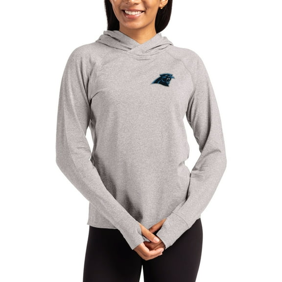 Women's Cutter & Buck Heather Gray Carolina Panthers Primary Logo Adapt Knit Recycled Raglan Pullover Hoodie