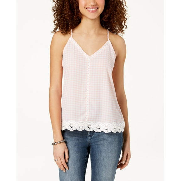 Almost Famous Juniors Gingham Crochet Tank Top Pink White Gingham S