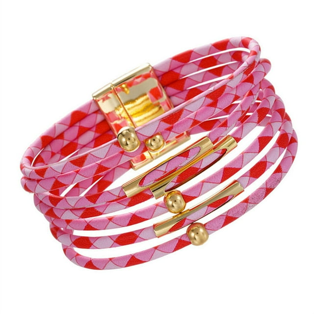 yingyy Bracelet Multi-layers Magnetic Buckle Leather Multi-colored Leopard Print Bangle Party Decoration Wristband Jewelry Pink 1Set