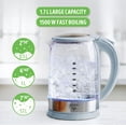 thumbnail image 3 of GreenLife 1.7 Liter Glass Electric Kettle, Easy One Touch Use, Quick Heating, Filtered Spout, LED Base, Auto Shut-Off, Cordless Serving, Coffee and Tea, Blue Haze, 3 of 6