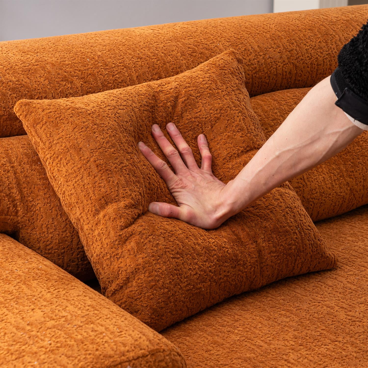 Demi Bonn 103" 4-Seater Compression Sofa Couch with Wood Grain Chenille Fabric, Full Sponge Cushion and 2 Cozy Pillows for Living Room, Orange