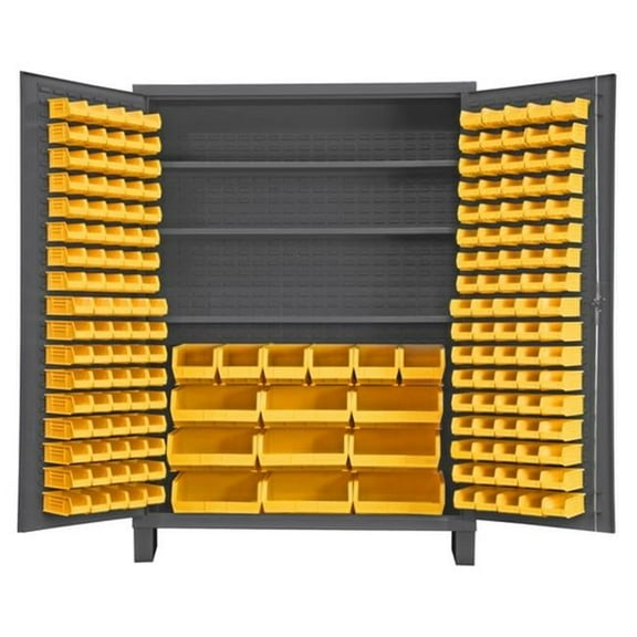 14 Gauge Flush Style Lockable Double Door Storage Cabinet with 185 Yellow Hook on Bins & 3 Adjustable Shelves, Gray - 60 in.
