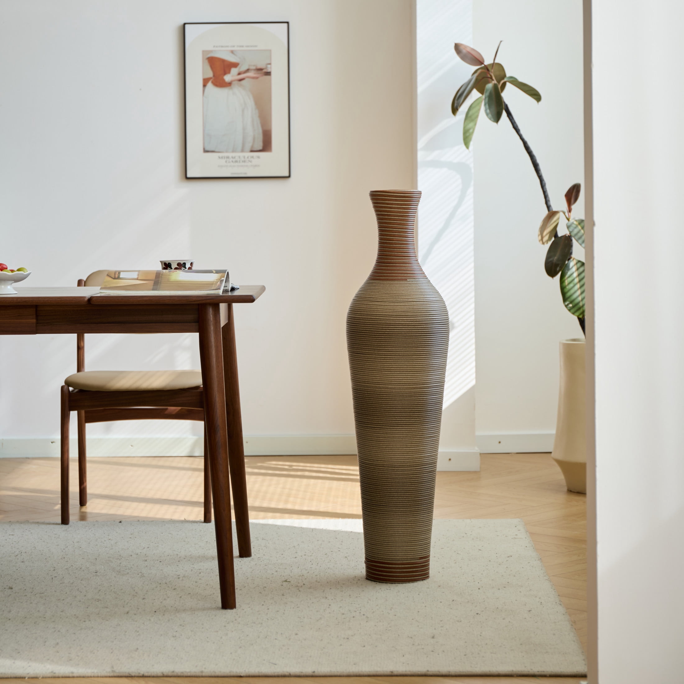 Noble House 39.4" Tall PVC Floor Vase, Hand-Woven Rattan-Like Textured Decorative Vase, Brown+Gray