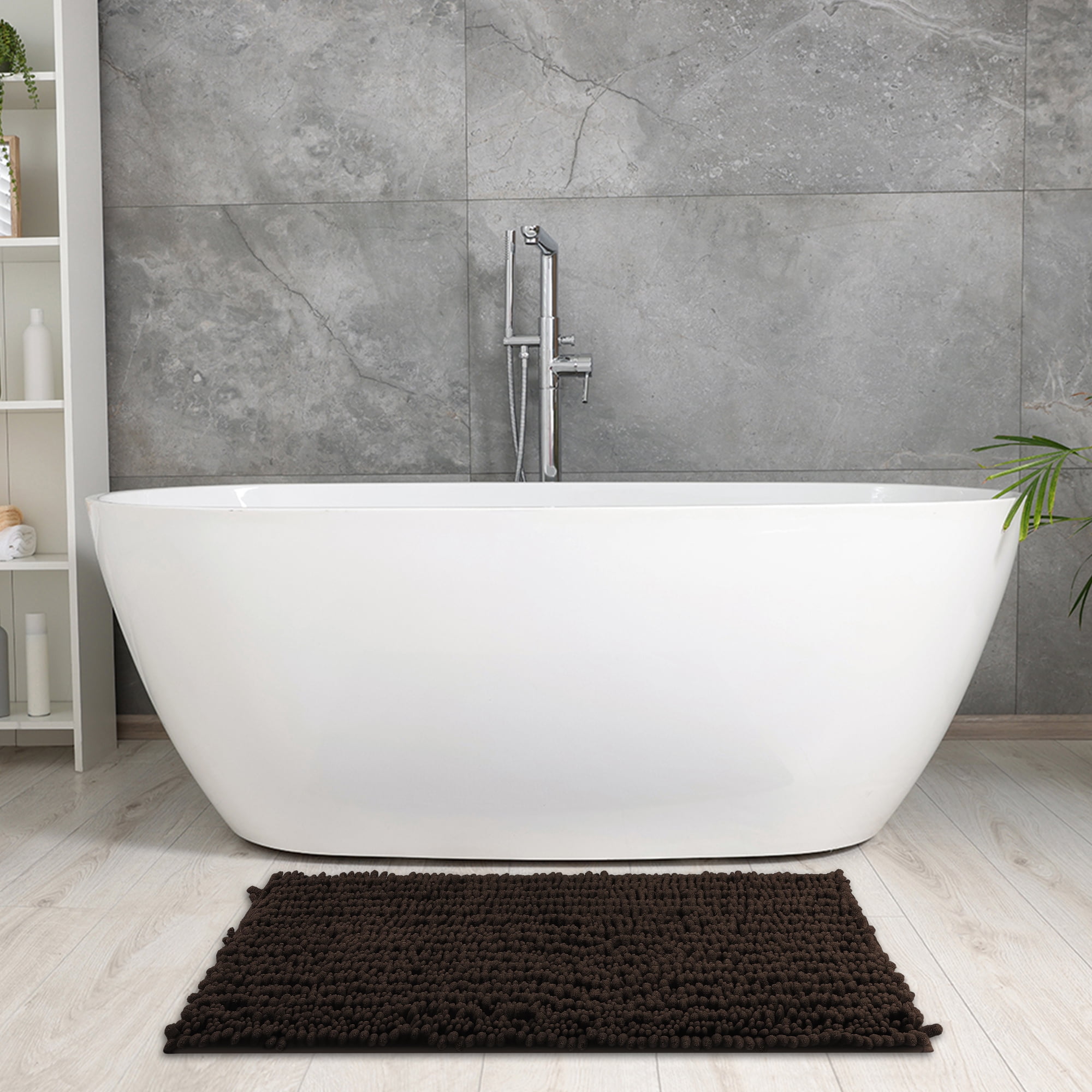 Unique Bargains Chenille Bathroom Rugs Non-Slip Bath Rugs Plain Washable Soft Shower Mat Brown 20" x 32"