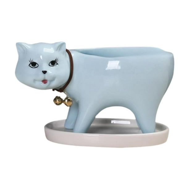 Maceta con forma de gato, maceta de porcelana con forma de gato de dibujos animados Azul