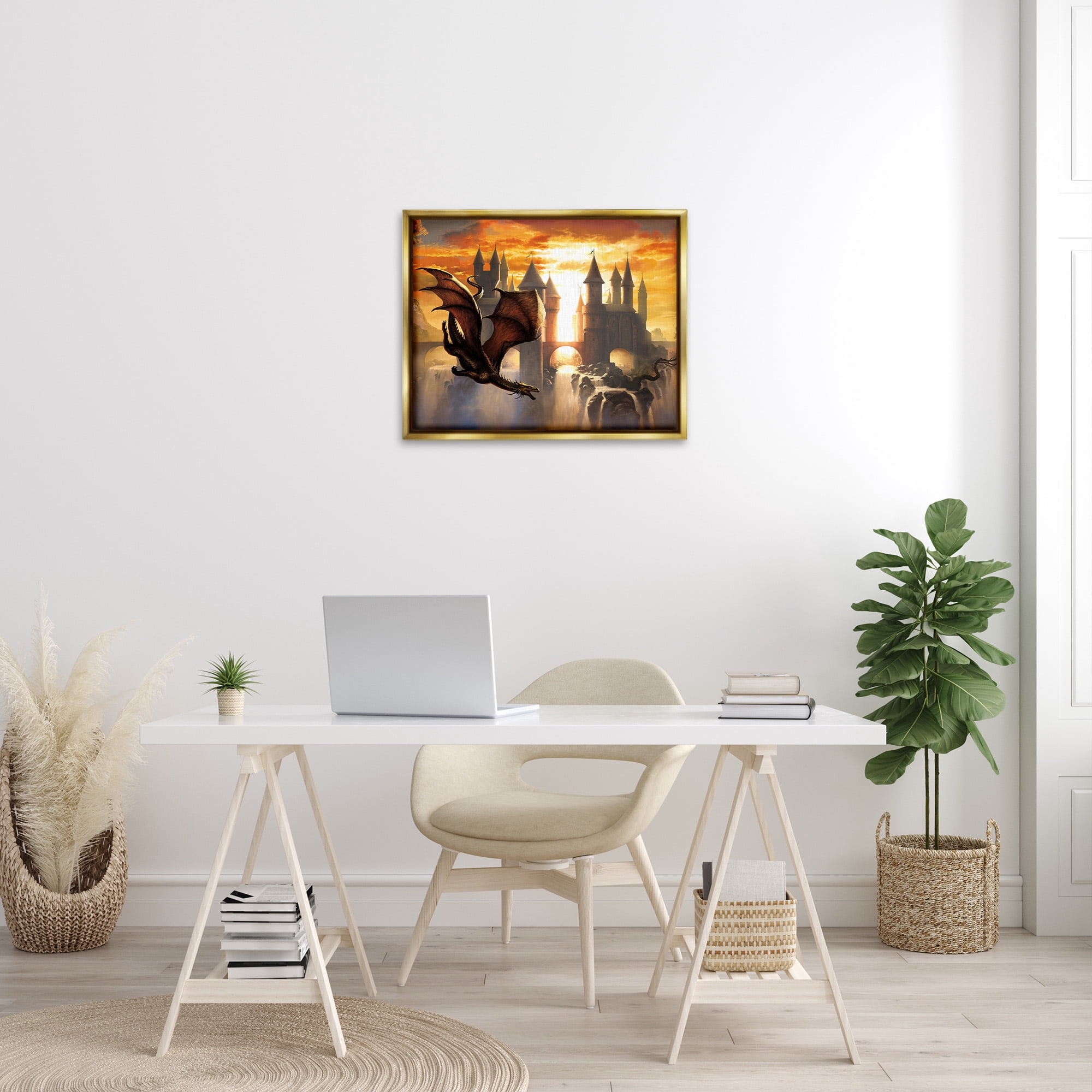 Stupell Industries Dragon & Castle Waterfall Fairy Tales & Fantasy Painting Gold Floater Framed Canvas Art Print Wall Art, 31 x 25