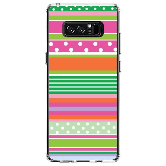 DistinctInk Clear Shockproof Hybrid Case for Samsung Galaxy Note 8 - TPU Bumper, Acrylic Back, Tempered Glass Screen Protector - Green Pink White Stripes Polka Dots