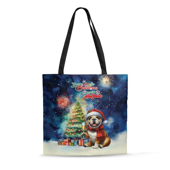 Merry Christmas and Happy New Year Santa Bulldog Holiday Xmas Winter 2025 All Over Print 3D Canvas Tote Bag Dog Lover Gifts Idea Reusable Handbag - 00024