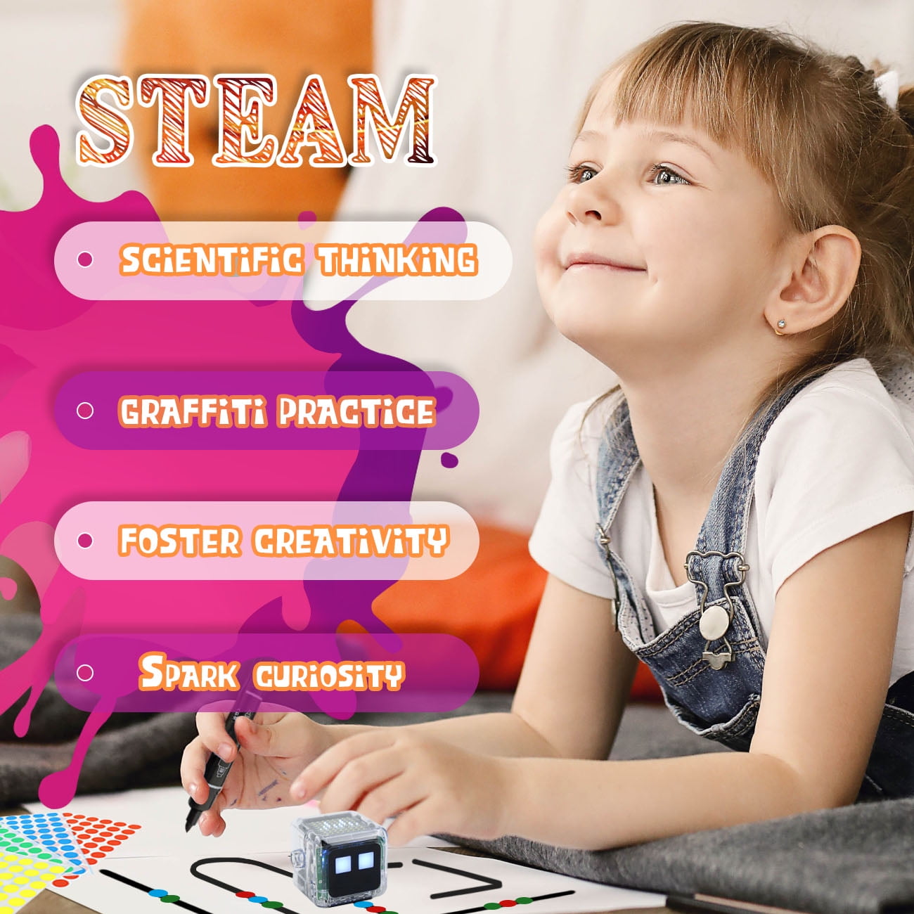 Kahopy Interactive Coding Robot for Kids Ages 3+, Rechargeable STEM Toy with Color Markers, Charging Cable, and Color-Coded Stickers