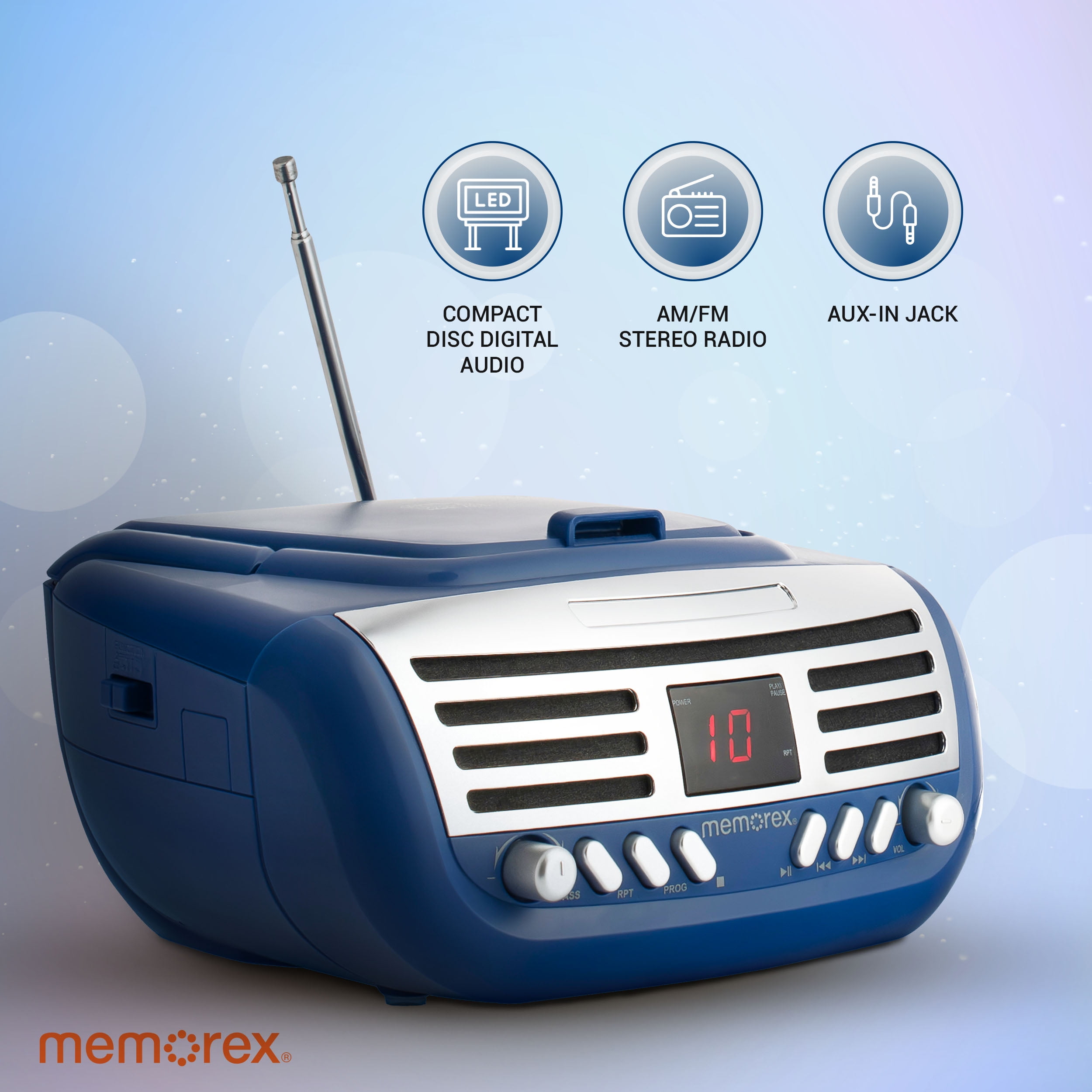 Memorex MX-BCD100(L) Retro Style Top Loading CD Player | Portable AM/FM Stereo Receiver with Programmable Memory, Red LED Display, and Foldable Carrying Handle (Blue)