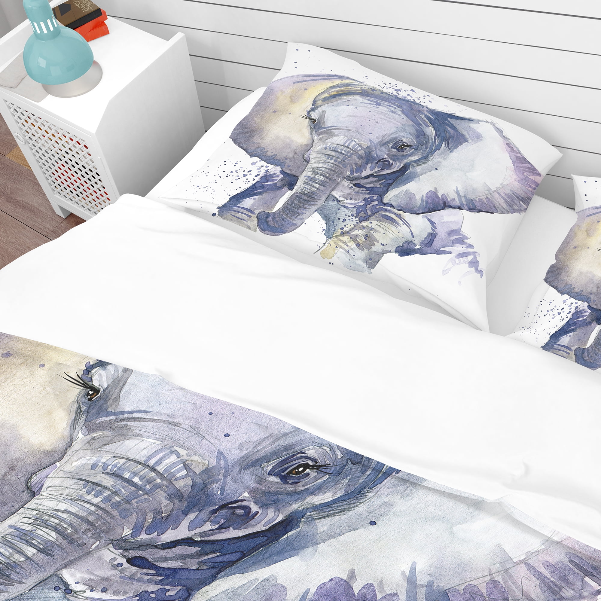 Designart 'Baby Elephant Blue Watercolor' Tropical Duvet Cover Set